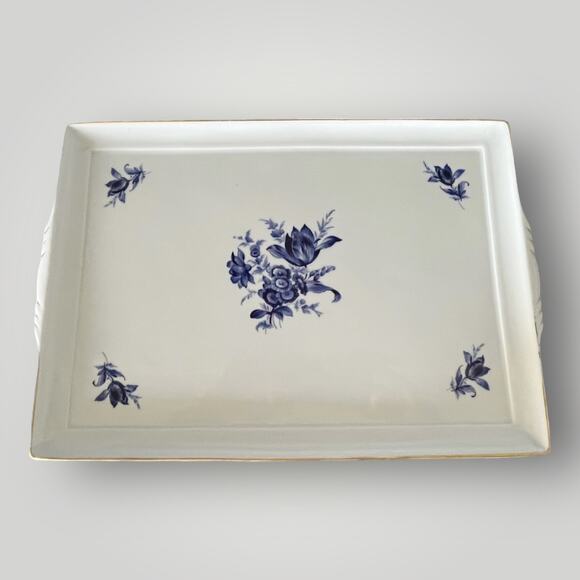 RICHARD GINORI BLUE LUMEGGIATO ORO Rectangular Porcelain Tray Handles Italy EUC - Picture 1 of 13